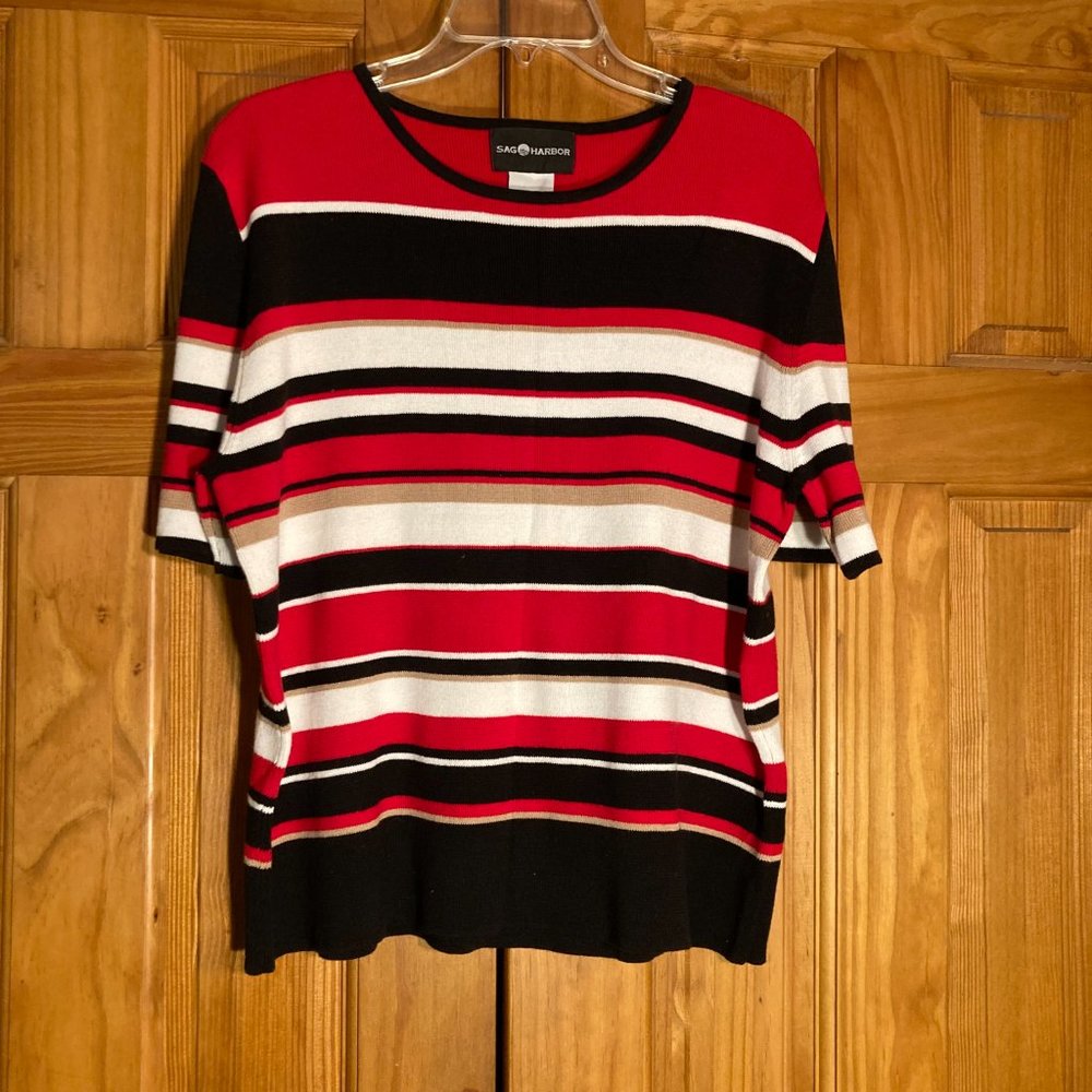 NWOT Sag Harbor Vintage 90s Knit Top Short Sleeve Blouse Red Black Size XL